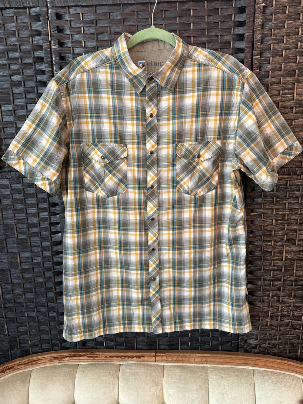 🏔️ KÜHL Plaid Outdoor Hiking Trail Button Front Shirt Mens Size L